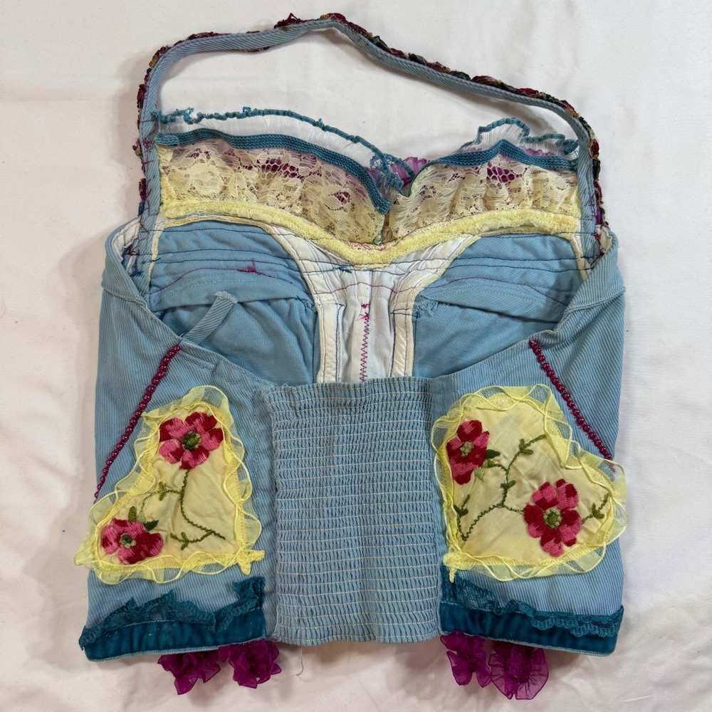 Handmade Boho Corset Halter Top Blue Corduroy Lace Floral Embellished Whimsigoth - Picture 4 of 8